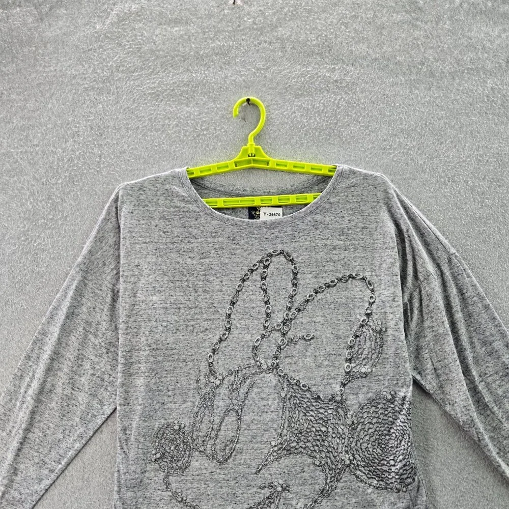 Disney Couture Women Shirt Large Gray Embroidered Sequin Crew‎ Neck Pullover